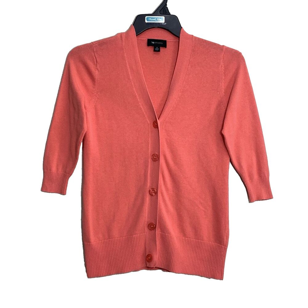 AB Studio Cardigan Sweater Womens Size Small Coral 3/4 Sleeve V-Neck Button-Up